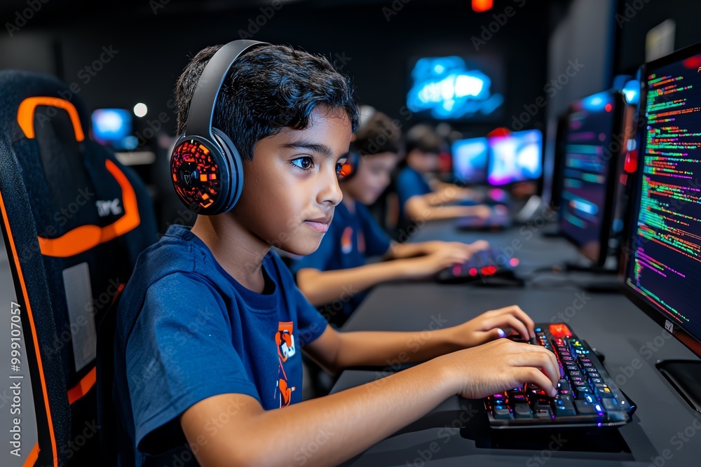 Aufkleber Digital 3D coding workshop, where students use interactive 3D coding environments to learn programming and enhance their digital literacy