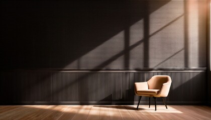 Beige chair in the room against classic black wood wall panels. Modern empty studio in minimalist style for premium product presentation. Stand with sunlight

