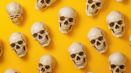 collection of artificial skulls on yellow backdrop