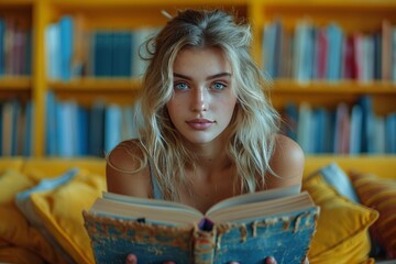Focused female student with books and laptop on bright yellow background engaged in self study