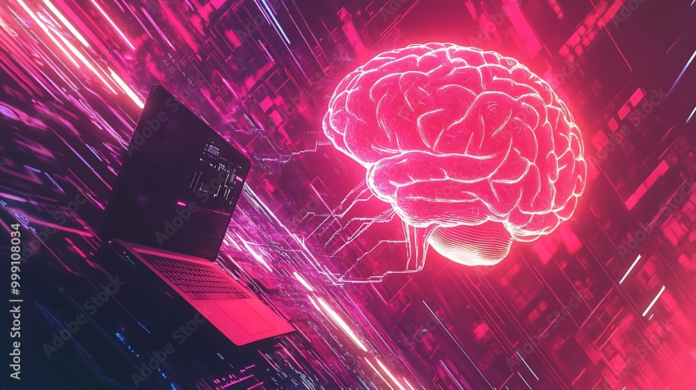 Aufkleber Glowing Digital Network Connecting Laptop to Large AI Brain with Flowing Data Lines