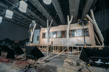 Film set, monitors and modern shooting equipment. The scenery for the film