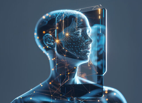 Holographic human head projection with interconnected nodes. Transparent display showcases brain mapping and neural connections, representing cognitive processes and neurotechnology