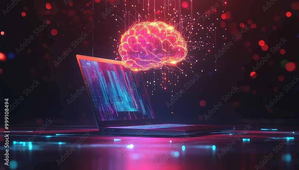 Aufkleber Laptop with Glowing Neural Pathways Forming Digital Brain Above, Symbolizing AI and Machine Learning