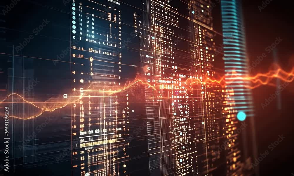 Poster exploring dynamic data visualizations of technology and innovation in a modern digital landscape