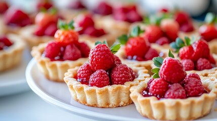 Traditional French fruit tarts on a white platter, with a focus on fresh strawberries and raspberries generative ai