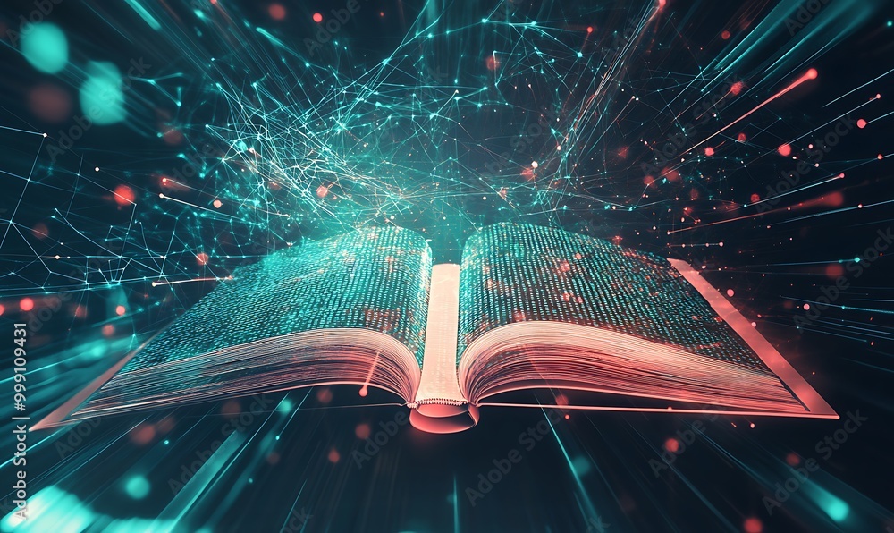 Poster Machine Learning Visualized as Digital Book with Holographic Pages and Data Nodes