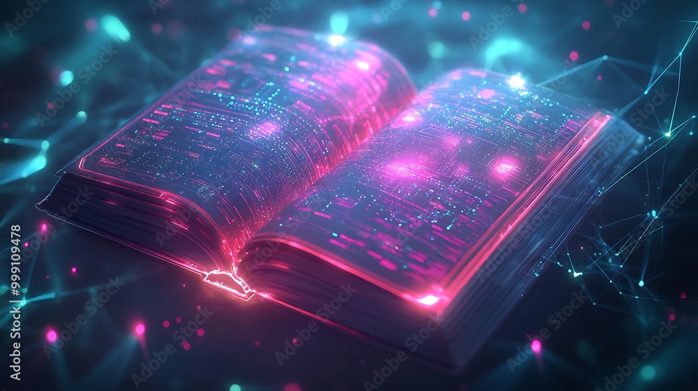 Poster Futuristic Digital Book with Circuits and Data Streams Floating in Virtual Space
