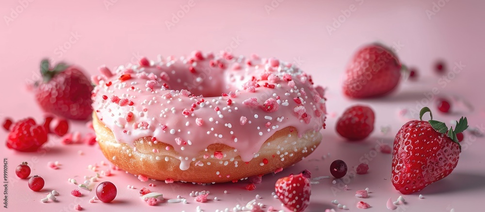 Canvas Prints Delicious And Tempting Pink Strawberry Flavor Donut With Isolated Toppings