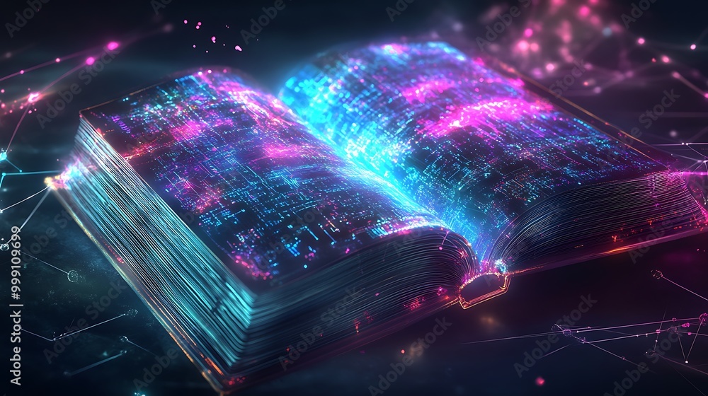 Poster Futuristic Digital Book with Circuits and Data Streams Floating in Virtual Space