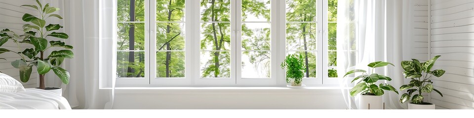 White window with glass panes, modern country house, green trees outside, cozy bedroom with plants.