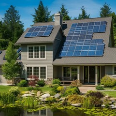 Fototapeta premium morden real estate residential hhouse with solar panels on the rooftop in forest surroundings