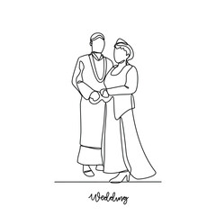 
One continuous line drawing of Wedding ceremony vector illustration. The bride and groom with wedding traditional country costume design illustration in simple continuous line style vector concept.