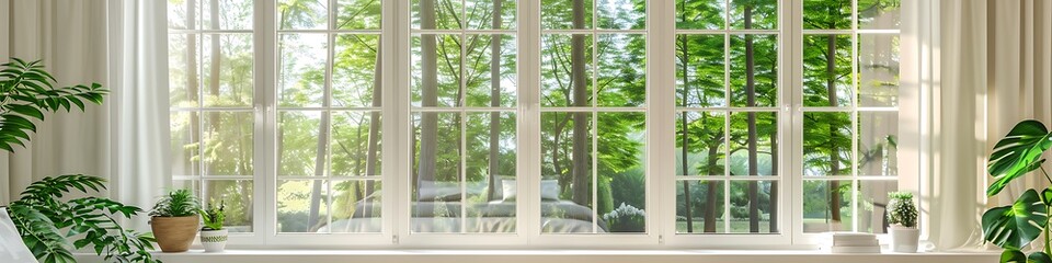 White window with glass panes, modern country house, green trees outside, cozy bedroom with plants.