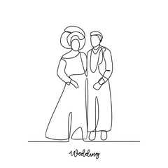 
One continuous line drawing of Wedding ceremony vector illustration. The bride and groom with wedding traditional country costume design illustration in simple continuous line style vector concept.