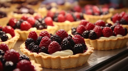 Vibrant French berry tarts with a crispy base and smooth vanilla cream filling, displayed in a bakery generative ai