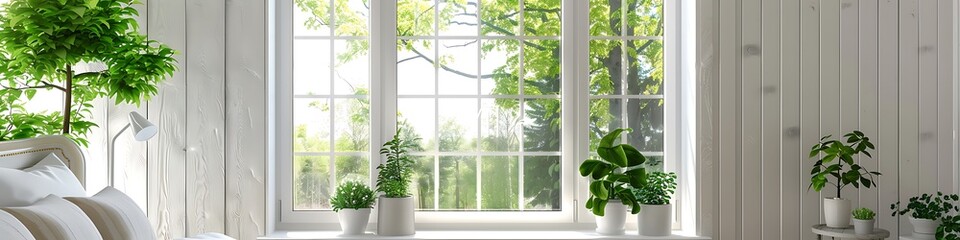 White window with glass panes, modern country house, green trees outside, cozy bedroom with plants.