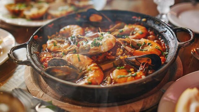 Cataplana de Marisco on the table moves with smoke around