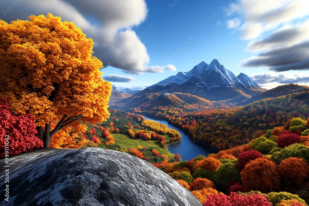 Poster digital 3d rendering of an autumn mountain landscape, where users can explore a fully interactive vi