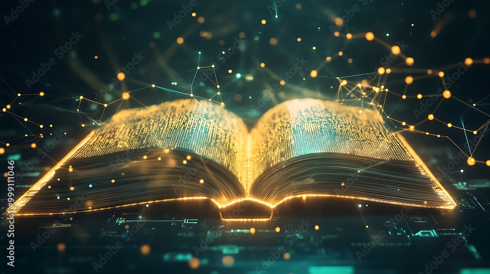 Poster Glowing Digital Book Surrounded by Swirling Machine Learning Models and Data Points
