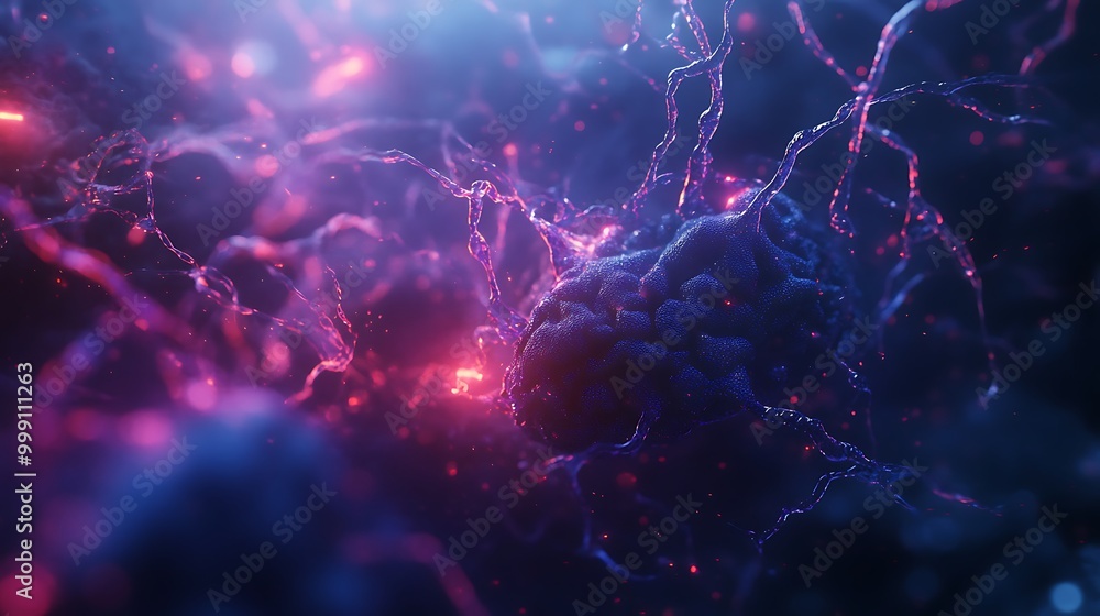 Poster abstract brain synapse close-up highlighting complex neural pathways and networks