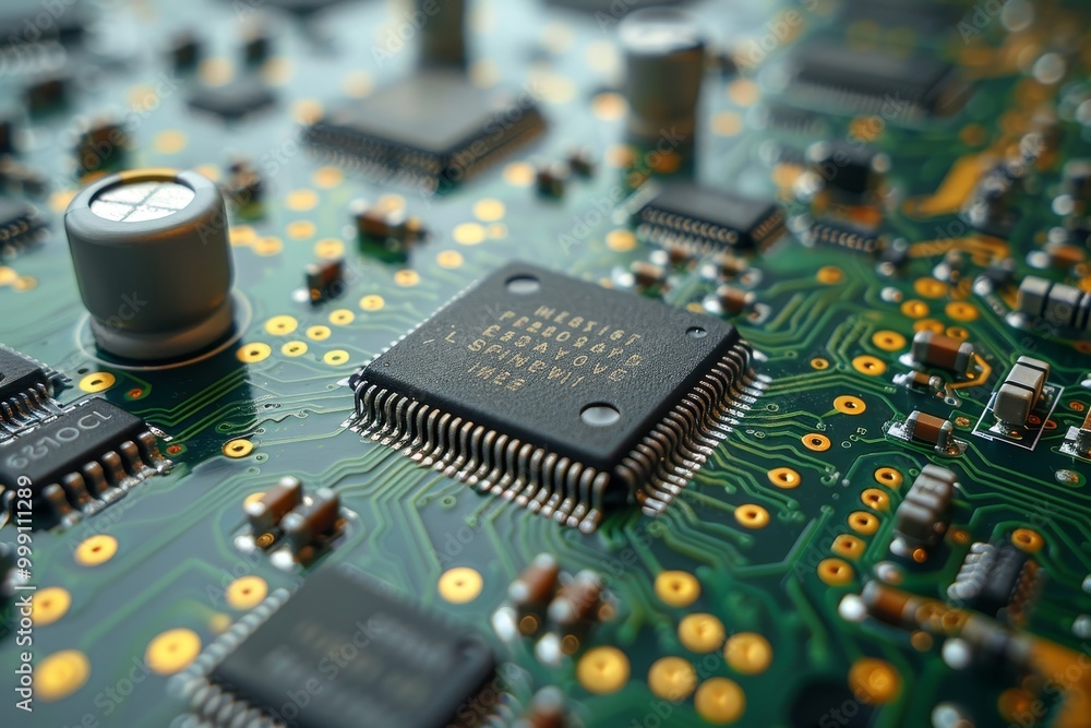 Poster diagonal printed circuit board on table with gray green background and microchips in focus