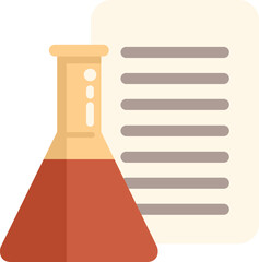 Laboratory glassware containing chemical liquid and document is showing results of analysis, chemical laboratory research concept