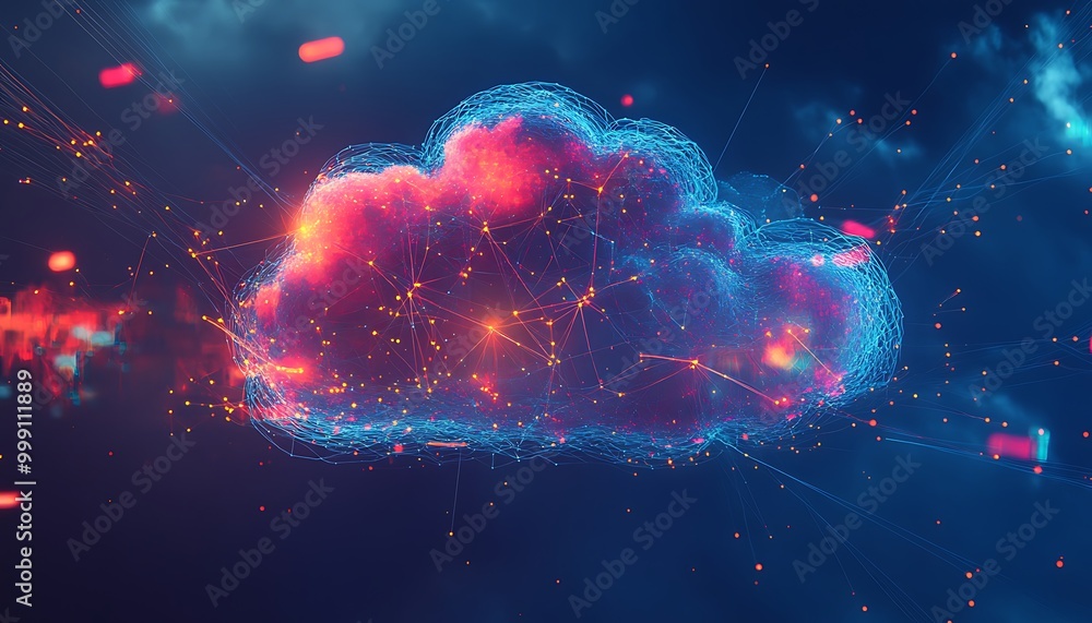 Aufkleber Abstract Digital Cloud with Neural Connections and Glowing Data Lines Symbolizing Cloud Computing Integration