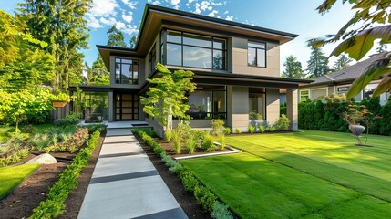 Fototapeta premium Modern House with Large Windows and Landscaped Yard