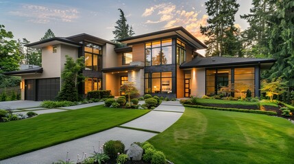Modern House with a Stone Path and Lush Greenery