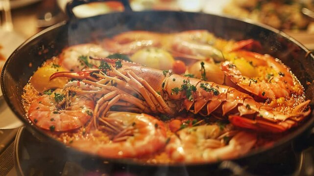 Cataplana de Marisco on the table moves with smoke around