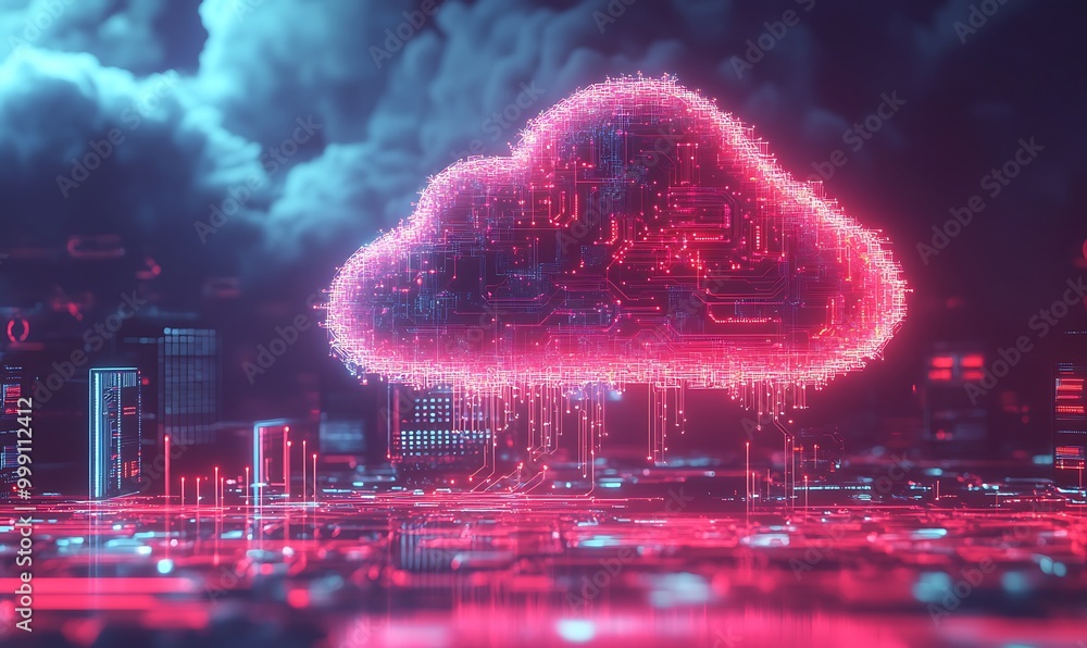 Leinwandbilder Concept of Cloud Computing Visualized as Glowing Cloud with Circuits and Data Nodes