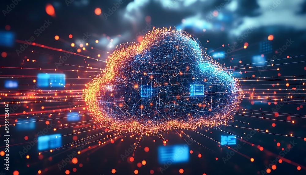 Poster Abstract Digital Cloud with Neural Connections and Glowing Data Lines Symbolizing Cloud Computing Integration