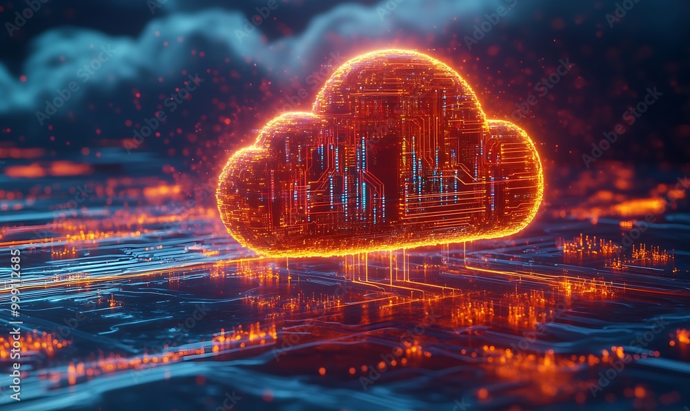 Poster Concept of Cloud Computing Visualized as Glowing Cloud with Circuits and Data Nodes