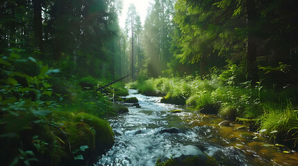 Obraz premium Crystal Clear Stream Flowing Through Lush Forest Greens