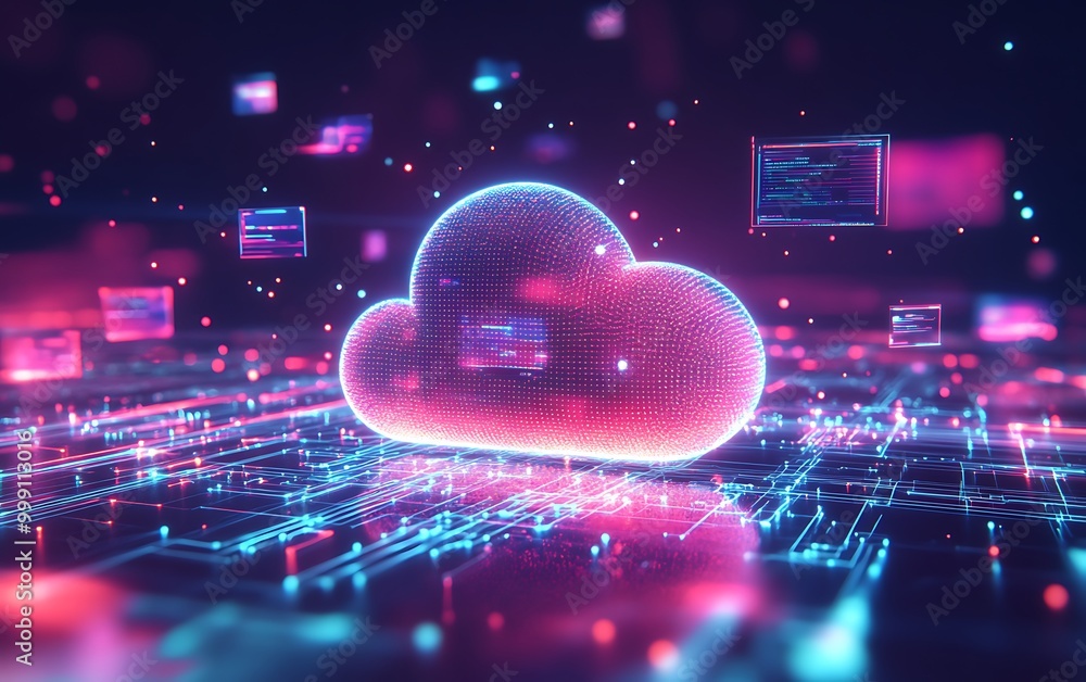 Poster Glowing Cloud Hovering in Digital Space Connected to Devices Symbolizing Integrated Cloud Computing Systems