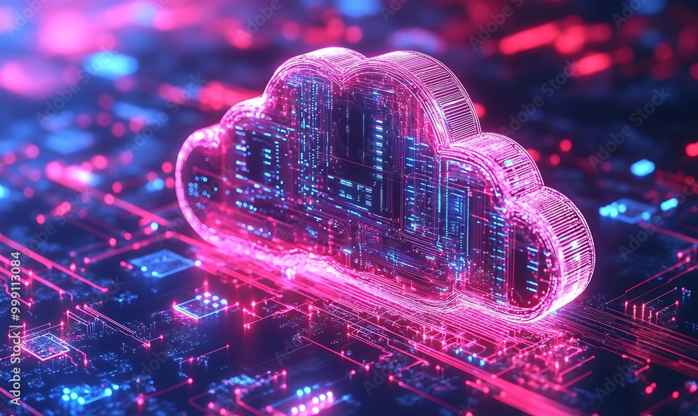 Poster Concept of Cloud Computing Visualized as Glowing Cloud with Circuits and Data Nodes