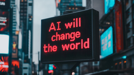 An electronic billboard in Times Square emphasizes the potential of artificial intelligence to transform the world, attracting attention from passersby
