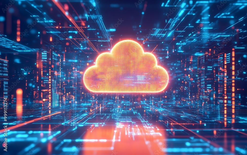 Poster Glowing Cloud Hovering in Digital Space Connected to Devices Symbolizing Integrated Cloud Computing Systems