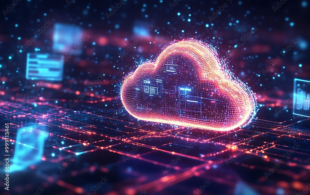 Poster Glowing Cloud Hovering in Digital Space Connected to Devices Symbolizing Integrated Cloud Computing Systems