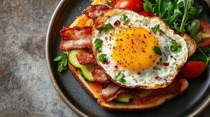 Savory Bacon and Egg Breakfast Sandwich with Veggies and Cheese