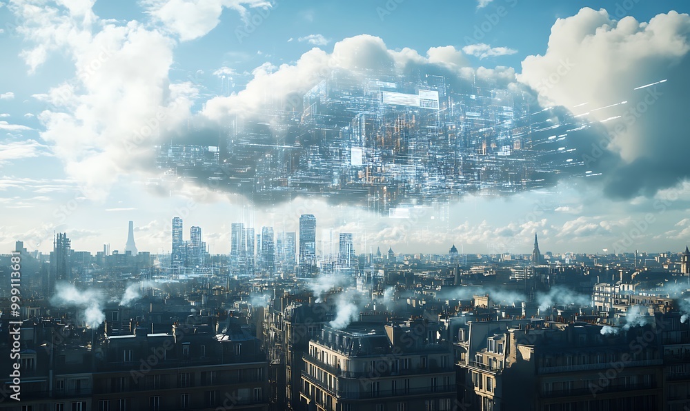 Poster Digital Cloud Above City with Data Streams Flowing into Buildings Representing Cloud Computing Integration