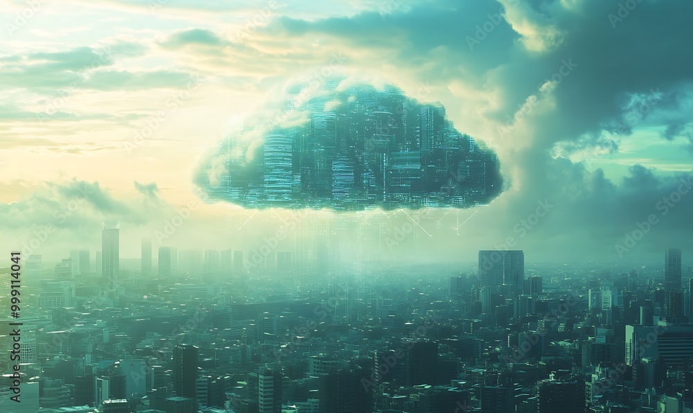Aufkleber Digital Cloud Above City with Data Streams Flowing into Buildings Representing Cloud Computing Integration