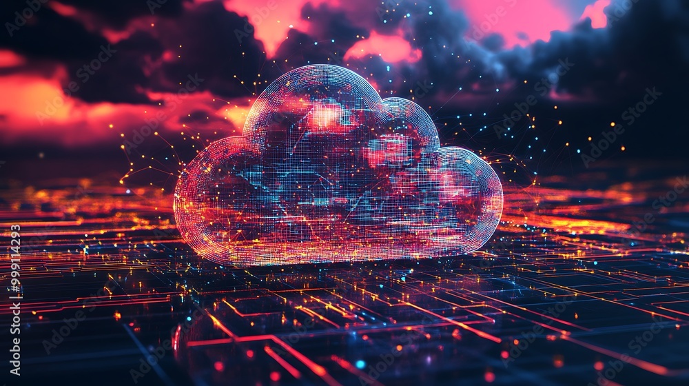 Aufkleber Futuristic Cloud Computing Concept with Data Lines Connecting Global Network of Devices