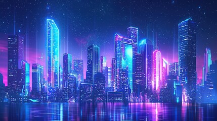 Fototapeta premium Futuristic city skyline with neon lights reflecting in the water.