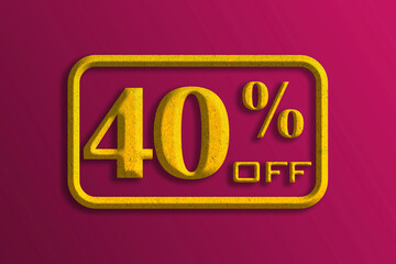 Discount sale off tag 40 percent. gold motive on red background, sale offer emblem, badge price discount number. Flat offer stamp, sticker clearance sale.