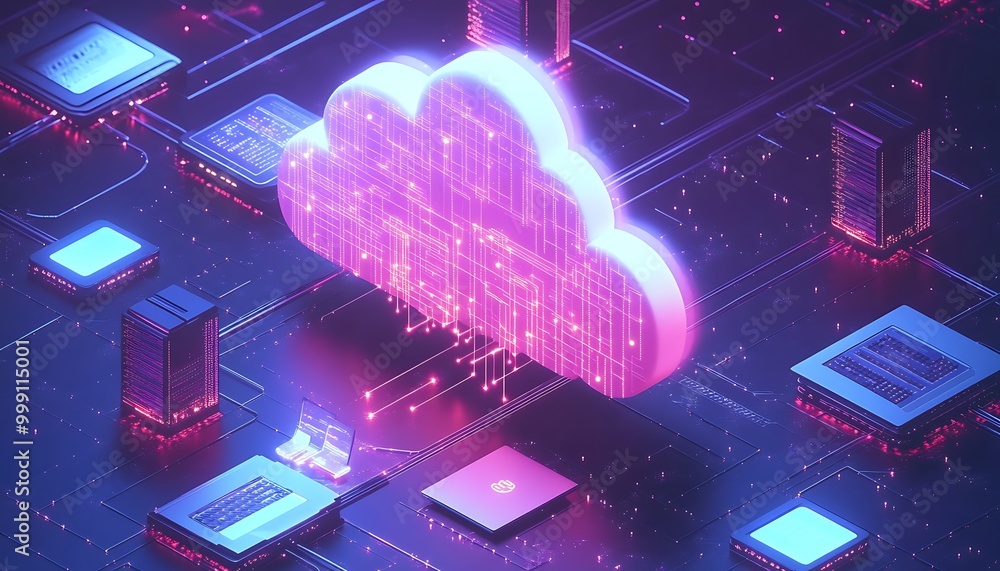 Aufkleber glowing cloud with data flow connecting servers, laptops, and mobile devices symbolizing integrated 