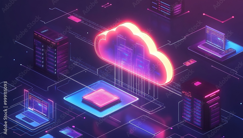Poster glowing cloud with data flow connecting servers, laptops, and mobile devices symbolizing integrated 