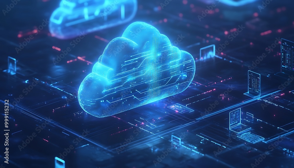 Poster glowing cloud with data flow connecting servers, laptops, and mobile devices symbolizing integrated 