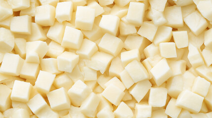 a close-up, top-down view of diced parsnips spread across the entire frame, filling the image with their creamy white color and uniform cubes